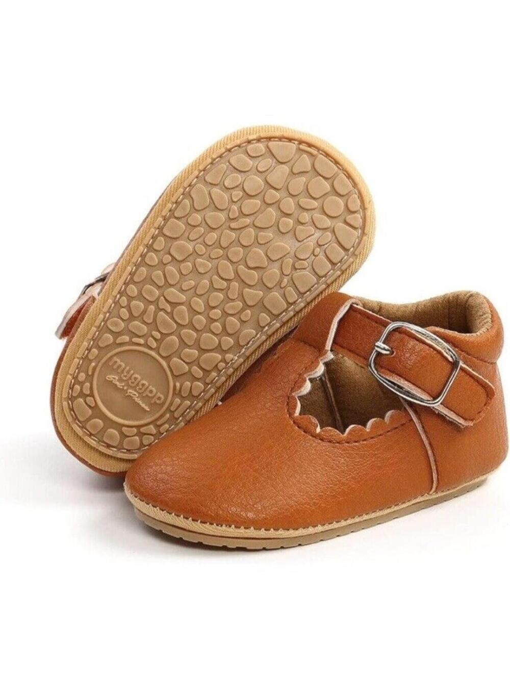 Baby Girl Pre-Walking Shoes 0-6 Month Mary Jane Brown Tan Soft Anti-Slip With Wh - Picture 3 of 6